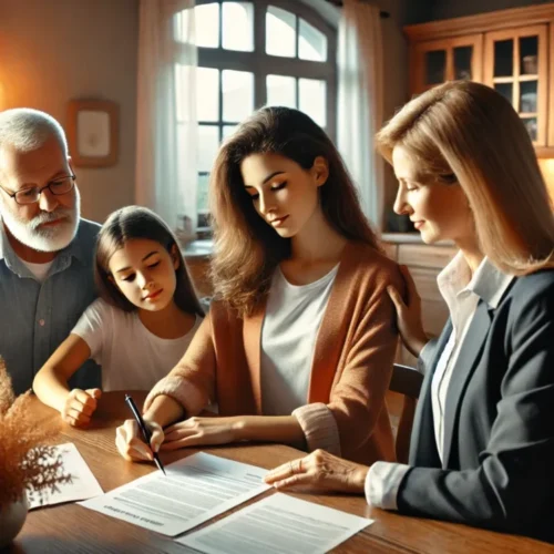 A warm and professional scene of a family sitting around a kitchen table, reviewing estate planning documents with a female attorney. The attorney is explaining the paperwork while the family listens attentively, appearing engaged and reassured. The setting is well-lit with natural lighting, creating a cozy and inviting atmosphere. A large decorative vase is prominently placed on the table, and the composition emphasizes clarity and professionalism in estate planning discussions.