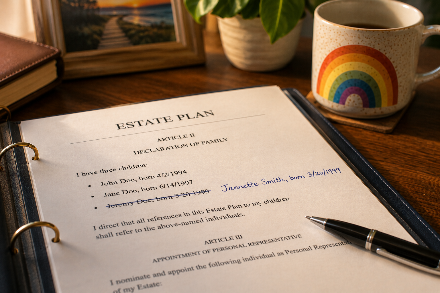 Estate planning document with a handwritten name update beside a rainbow-striped coffee mug.