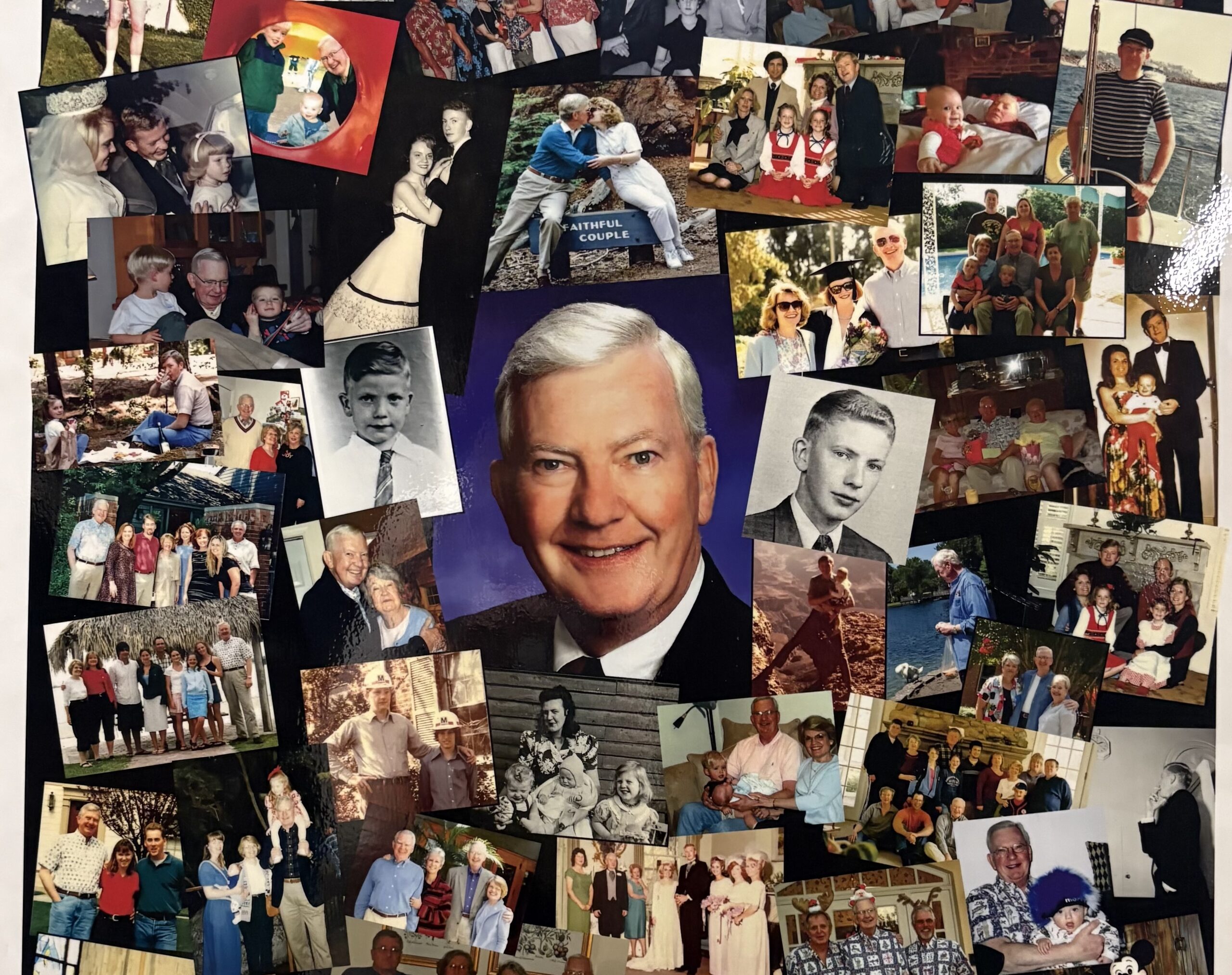 Memorial photo collage created after the death of a loved one, featuring family photographs, milestones, and memories from throughout life.